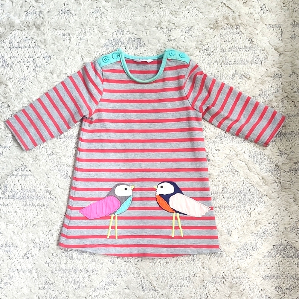 Baby Boden Gray and Red Striped Bird  Dress Girls Size 6-12 Months